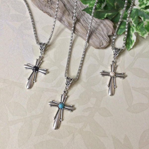 Silver Cross with Stone Necklace