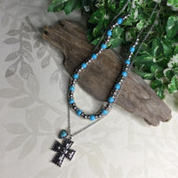 2 Layer Turquoise Bead Cross Charm Necklace