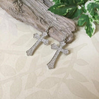 Silver Rhinestone Cross Earrings